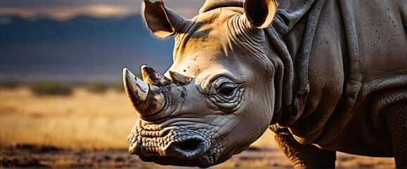 A close-up portrait of a rhinoceros captured with a shallow depth of field to emphasize its rugged textured fur