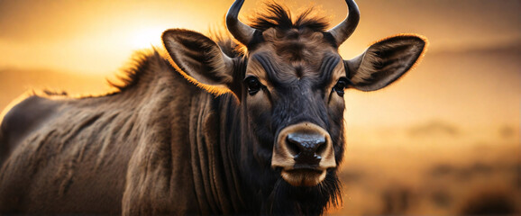 A close-up portrait of a wildebeest captured with a shallow depth of field to emphasize its rugged textured fur - obrazy, fototapety, plakaty