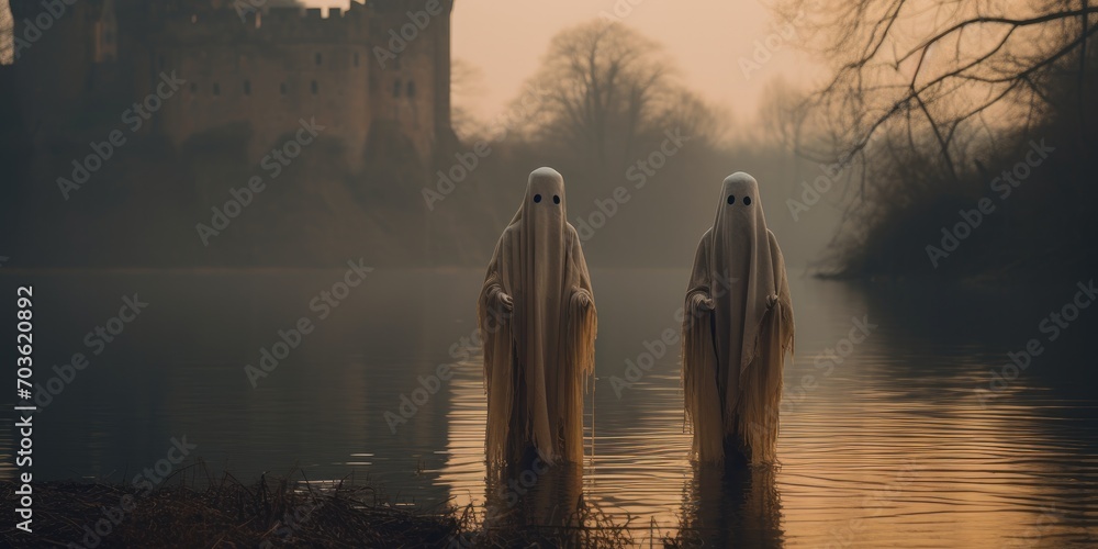 Poster Two ghostly figures standing in the water with a castle in the background. Generative AI.