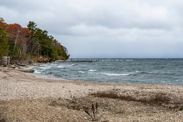 Rocky shoreline on Lake Michigan in Door County Wisconsin.