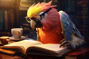 Fototapeten a parrot wearing glasses is reading a book © Syukra