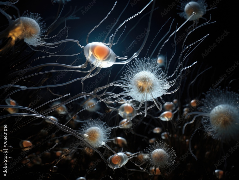 Poster a group of jellyfishs floating in the water. generative ai.