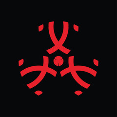 the shield's monogram design forms the letter "X" rotated ninety degrees. red on a black background.