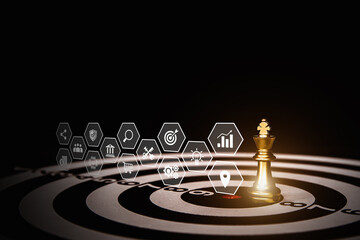 King chess on bullseye with strategy icons concepts goal of leadership or wining challenge battle fighting of business team player and risk management or human resource or strategic planning.