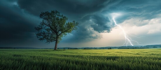 Lightning strikes tree in green field - Stormy sky with thunder over country scenery.