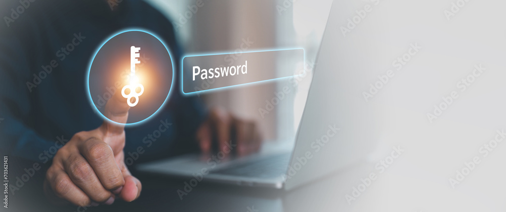 Poster businessman use laptop and touch screen login username and password identity or sign up register of 