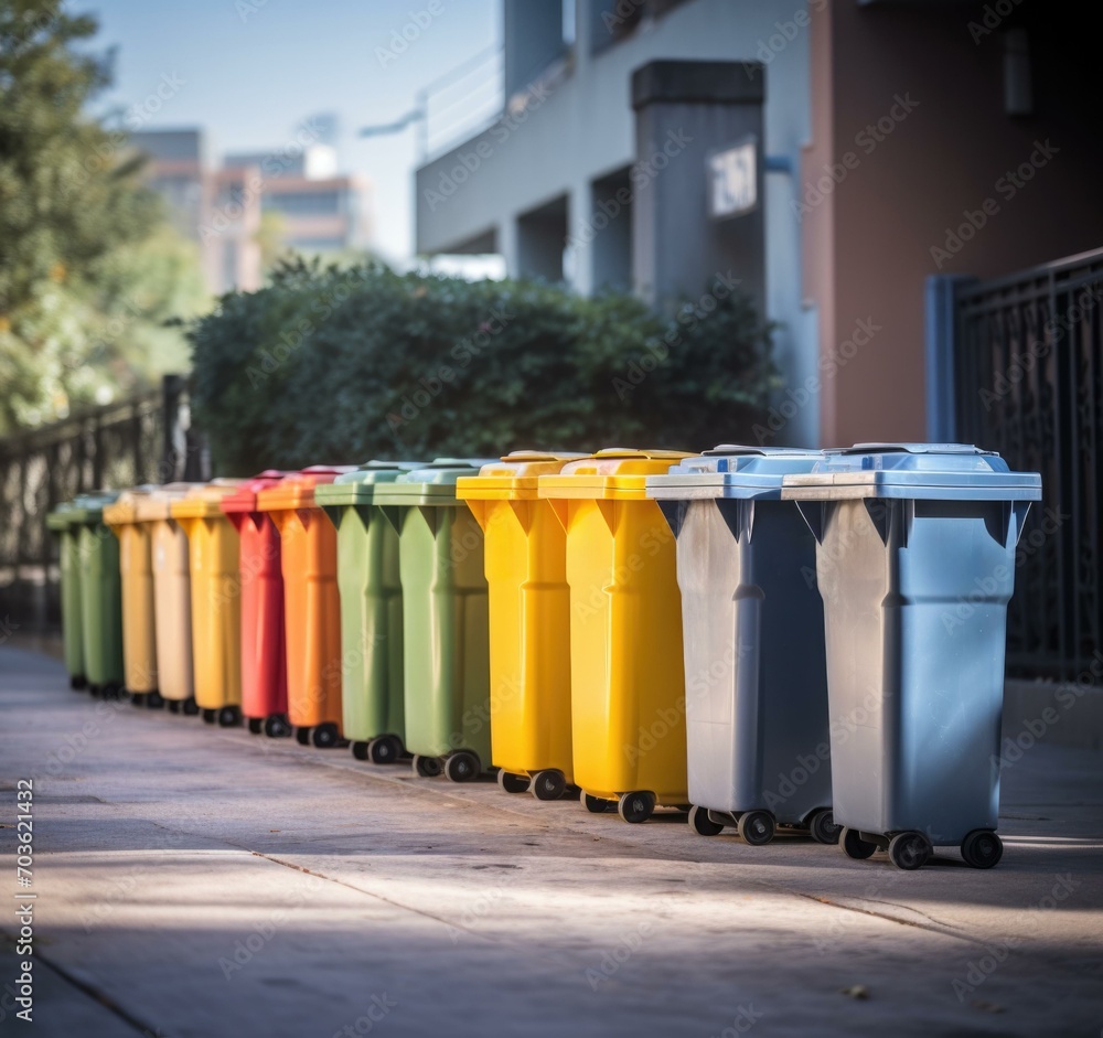 Aufkleber a row of colorful trash cans lined up on a sidewalk. generative ai.