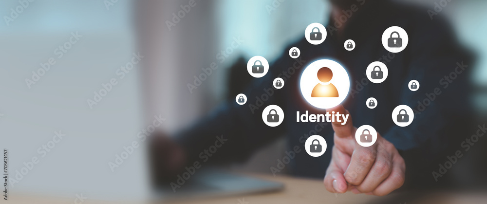 Poster businessman use laptop and touch screen login username and password identity or sign up register of 