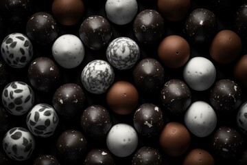 A large group of chocolate eggs on a black background. Generative AI.