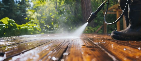 Man using pressure washer to clean patio decking - obrazy, fototapety, plakaty