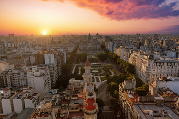Aerial view on Buenos Aires at the Place Barolo looking at the Congreso de la Nación Argentina during sunset 