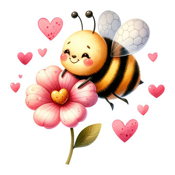 A cheerful bee on a pink flower surrounded by hearts