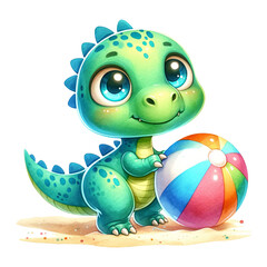 A cute dinosaur with a beach ball by the seashore