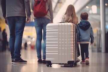 Close-up view about a unrecognizable family: parents and two children are standing in a modern airport with their suitcases and personal luggage, waiting for boarding...