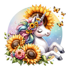 A unicorn with sunflowers and a floral crown basking in sunlight