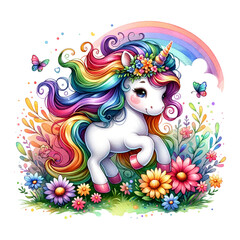 A radiant unicorn with a rainbow mane nestled among flowers