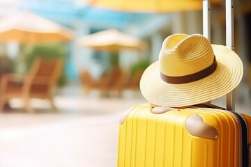 Close-up view about a lovely Straw hat on the top of a yellow luggage (or suitcase), for travel concept in summer holiday/vacation. - Powered by Adobe
