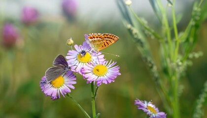 Beautiful wildflowers chamomile, wild peas, butterfly