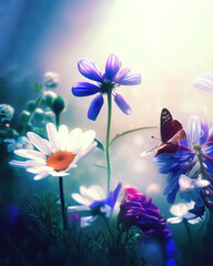 Beautiful wildflowers chamomile, wild peas, butterfly