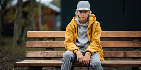 young boy with hat sitting on a wooden bench, in the style of dark yellow and light gray, generative AI