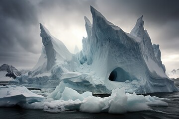 massive iceberg breaks off from a glacier, posing a threat to ships and coastal settlements. - obrazy, fototapety, plakaty