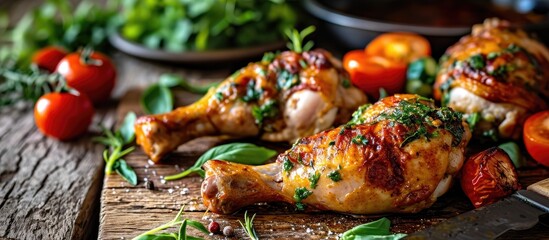 Chicken legs and vegetables on table. - obrazy, fototapety, plakaty