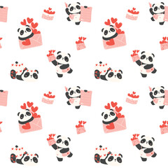 Valentine panda pattern seamless, love mail cartoon animal isolated on white background.