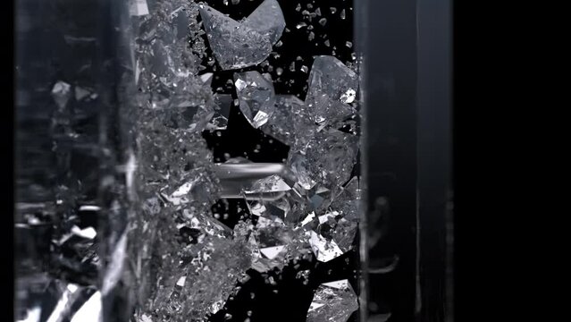 Glass barrier destroyed. Metal bullet flies through glass wall in slow motion.