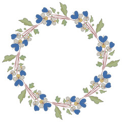 Round floral frame or botanical border with blooming branches of wild pansy or viola tricolor flower. Vintage style. Isolated vector illustration.