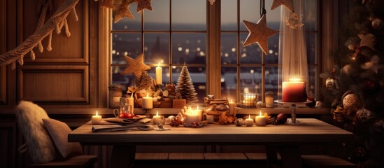 Warm dining room interior with Christmas table, wooden console, gifts, gingerbread, candle, star,...