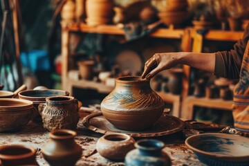 A traditional pottery workshop with artisans creating beautiful ceramic pieces