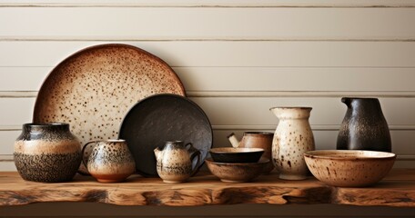 A collection of pottery on a wooden shelf. Generative AI.