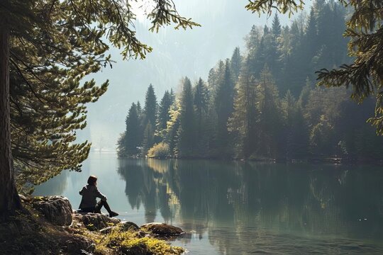A tranquil nature scene With a person enjoying the serene beauty of a forest or a mountain lake