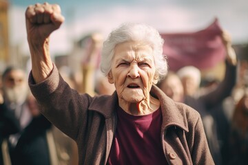 A portrait of an elderly woman protesting in the street. This image captures the intense expression of the elderly woman and her participation in protest activities, conveying a powerful Generative AI - obrazy, fototapety, plakaty