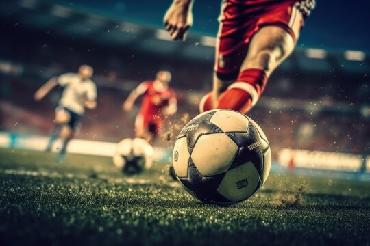 An image of a soccer player kicking the ball on the football field at night. This striking scene captures the beauty and passion of soccer, with the sparkling lights of the stadium again Generative AI