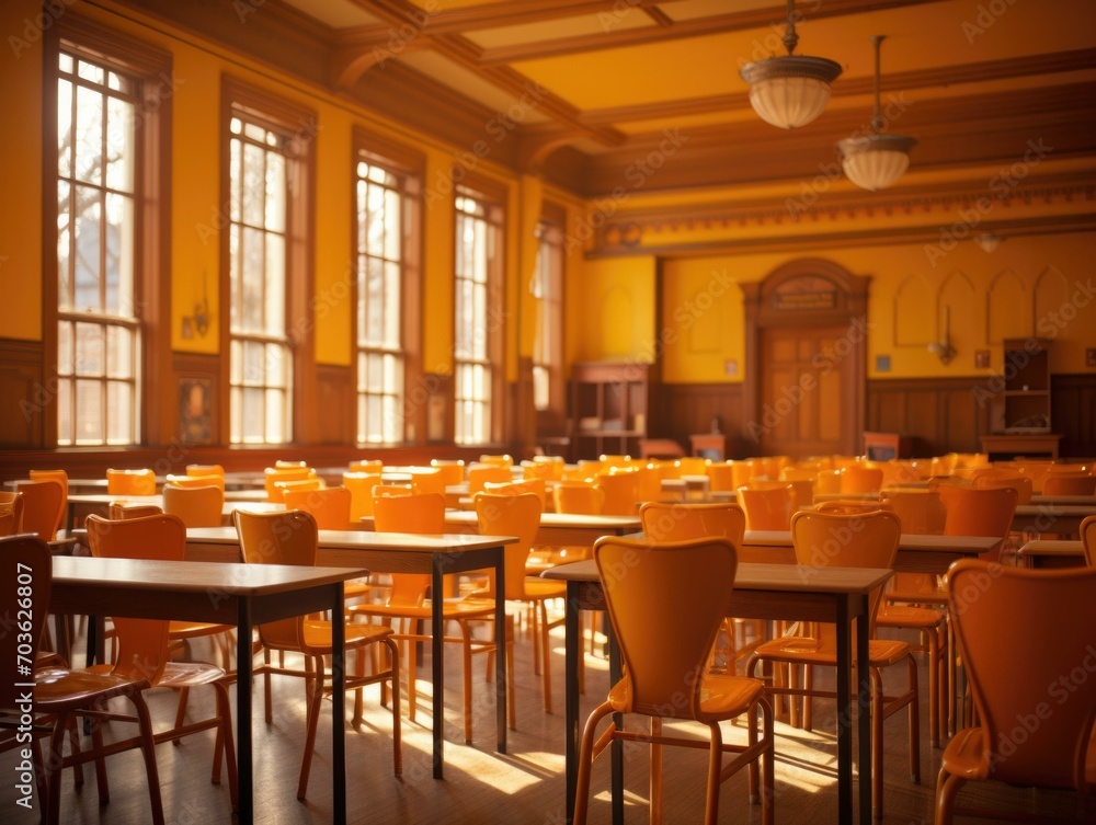 Aufkleber empty classroom with orange chairs and windows. generative ai.