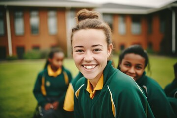 A girl in a green and yellow school uniform smiling. Generative AI.