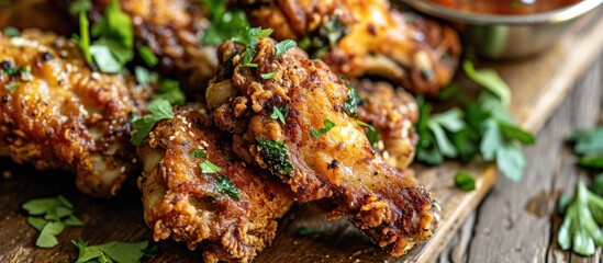 Herb-infused fried chicken wings.