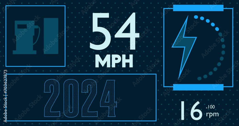 Poster futuristic car dashboard with number 2024. digital graphical user interface animation.