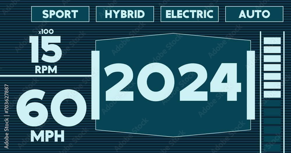Poster futuristic car dashboard with number 2024. digital graphical user interface animation.