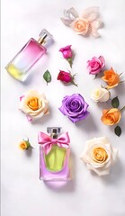 Perfume bottles in the middle of fresh multicolour roses on a white background. AI generative