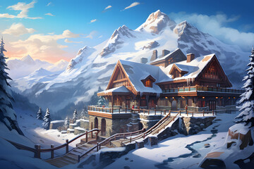 Winter ski resort, lodge, alp resort, beautiful luxus resort - obrazy, fototapety, plakaty
