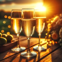 an image of three glasses of champagne on a wooden table