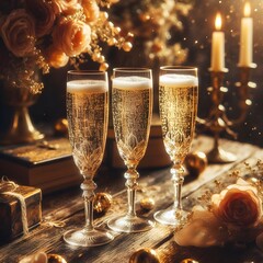 an image of three glasses of champagne on a wooden table