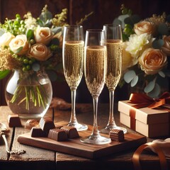 an image of three glasses of champagne on a wooden table