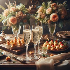 an image of three glasses of champagne on a wooden table