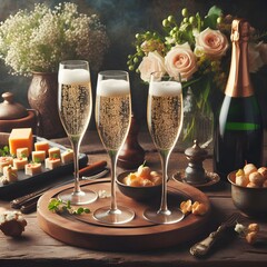 an image of three glasses of champagne on a wooden table