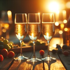 an image of three glasses of champagne on a wooden table