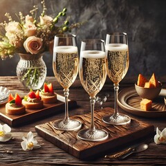 an image of three glasses of champagne on a wooden table