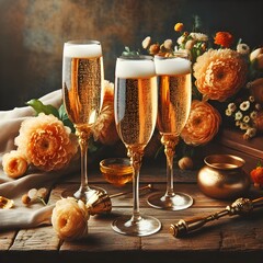 an image of three glasses of champagne on a wooden table